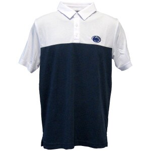 white and navy TravisMathew polo shirt with Penn State Athletic Logo